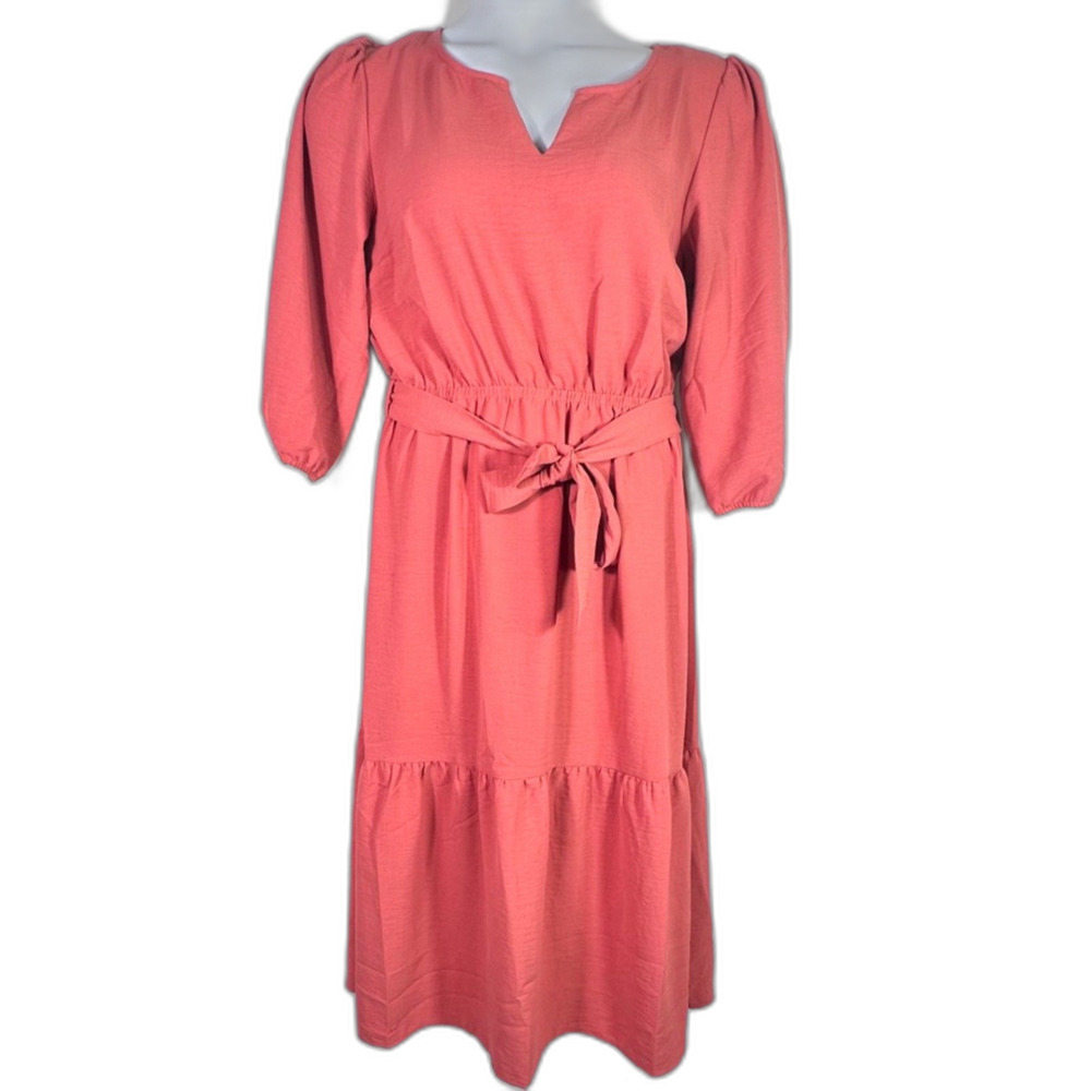 LUCKY BRAND Boho Midi Balloon Sleeve Tie Waist Dress Dusty Cedar Size L NWT